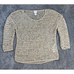 Womens Chicos Loose Open Knit Beige V-Neck Pullover Sweater 3/4 Sleeve Size 0